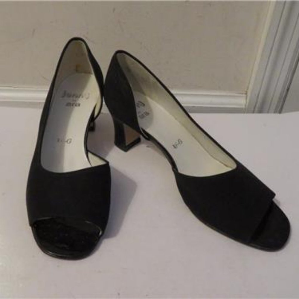 JENNY BY ARA BLACK SATIN OPEN TOE PUMPS 4.5/US 6.5
